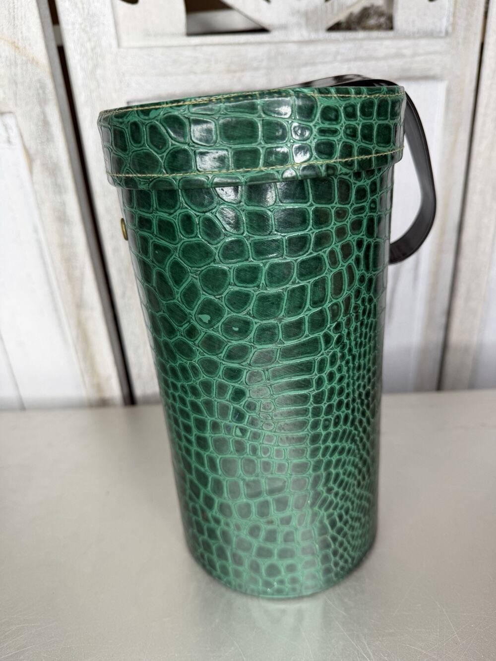 Knitting Caddy Tube Dispenser w/Handle Vintage 50s Green Croco Faux Leather
